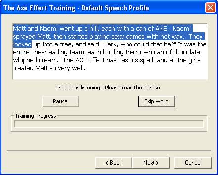 The Axe Effect: V.I.X.E.N.S.; speech recognition training